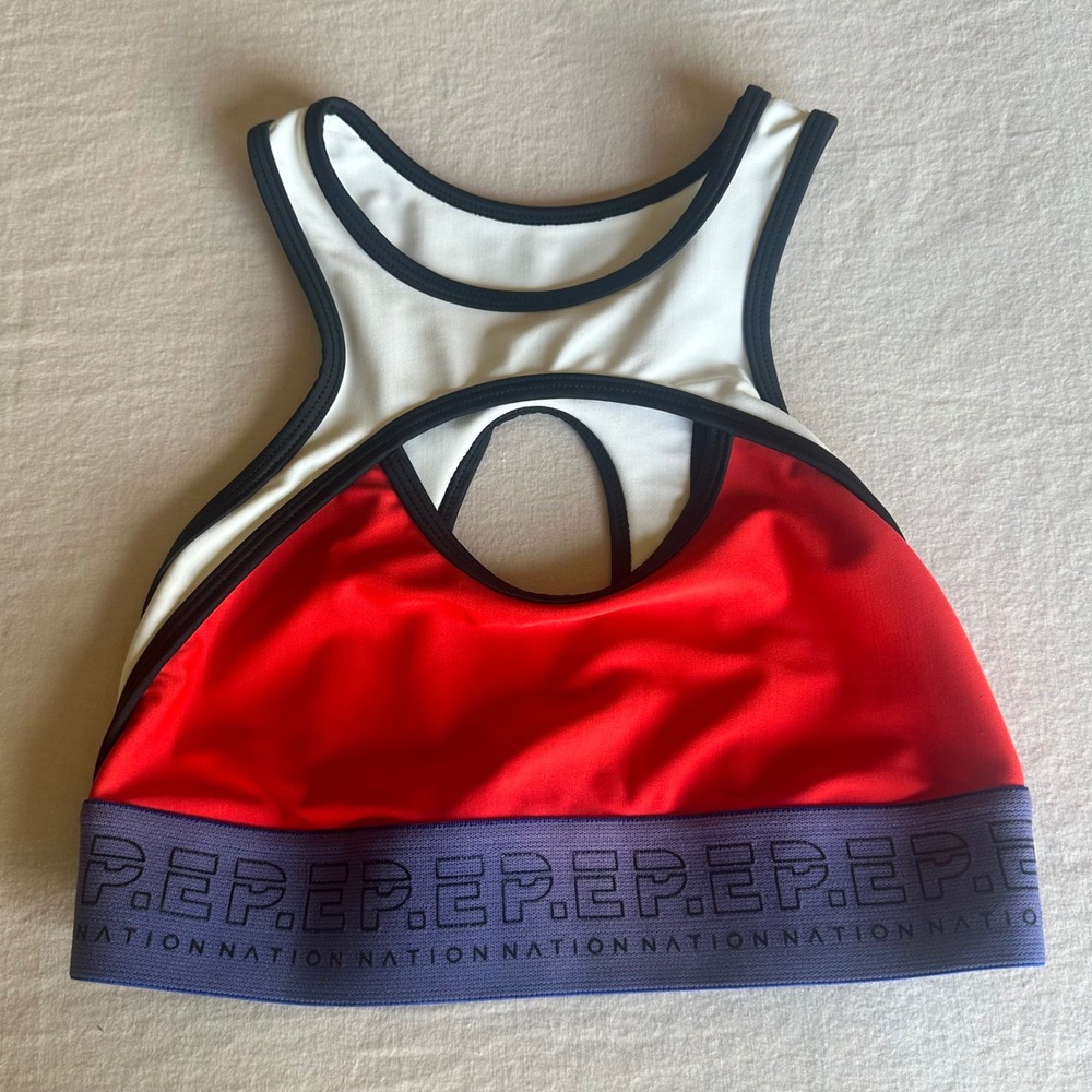 PE Nation Womens Colorblock Cutout Sports Bra Red White Blue‎ XS 17PE3C027 NWOT